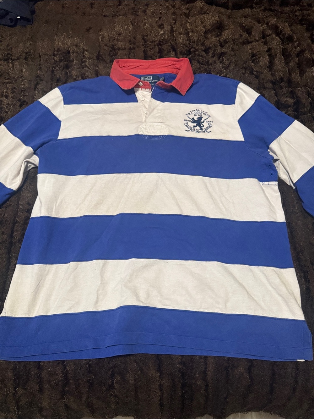 Polo by Ralph Lauren Blue and White Striped Rugby Polo with Red Collar